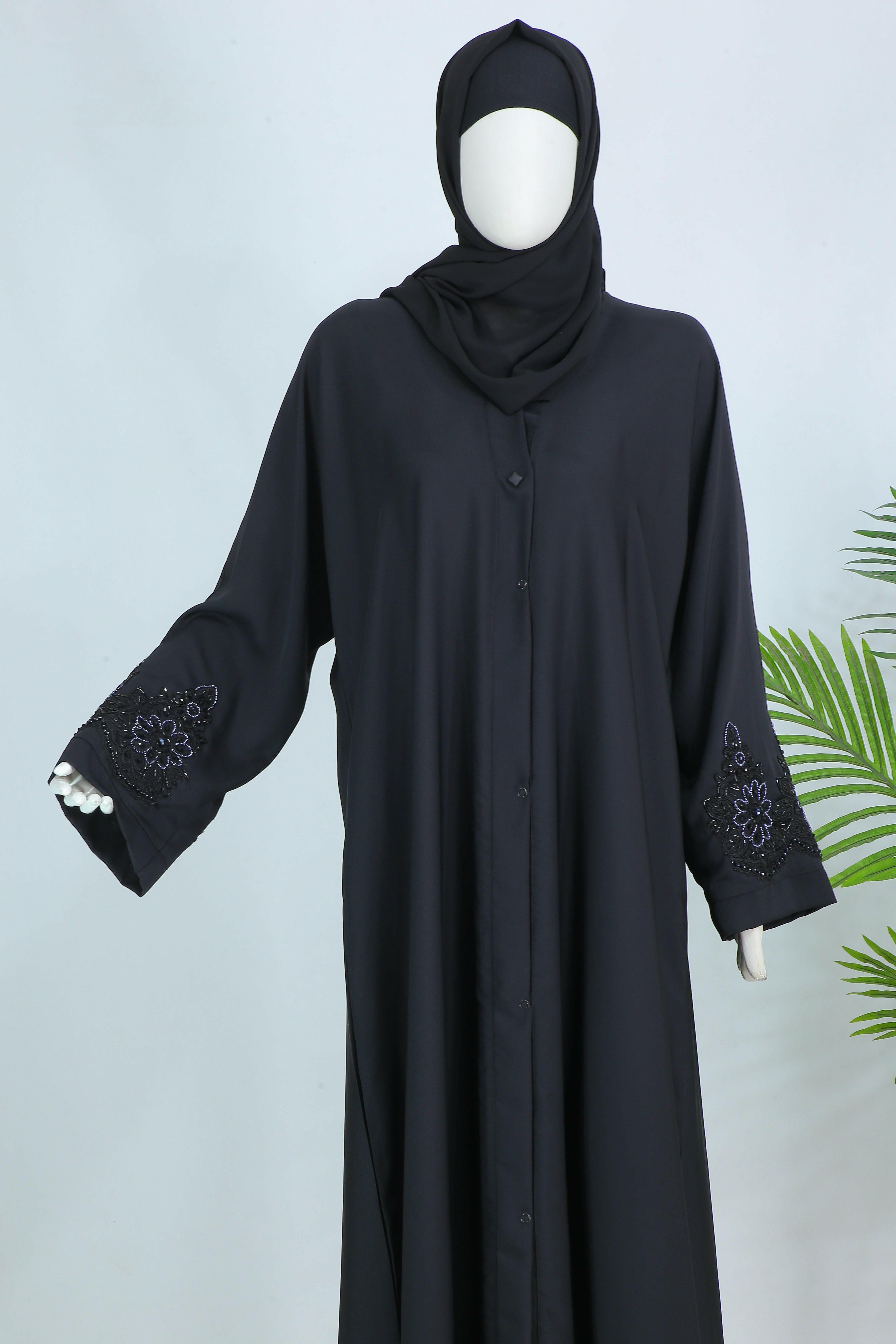 Clarity Glam Mahnoor abaya with free scarf black full length with embroidered sleeves